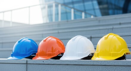 Construction Safety Helmets on Steps Outside Building