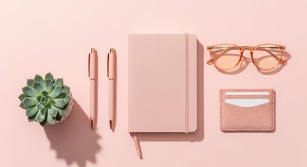 Pink office supplies flat lay succulent glasses notebook