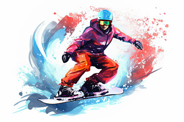 Dynamic snowboarder in action, vibrant watercolor illustration