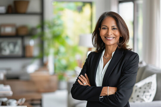 Indian female real estate agent standing inside modern home