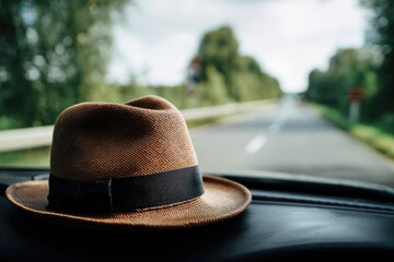 A brown fedora rests on a car dashboard, overlooking a road