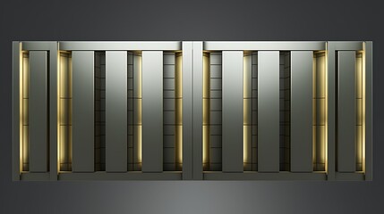 Symmetrical minimalist high-rise with metallic cladding, placed on a matte olive gray background, sharp vertical lines, architectural balance .
