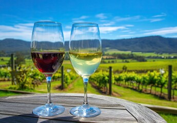 Two wine glasses on a table, vineyard view
