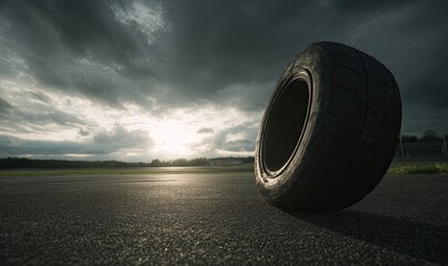 Single tire on asphalt runway at sunset