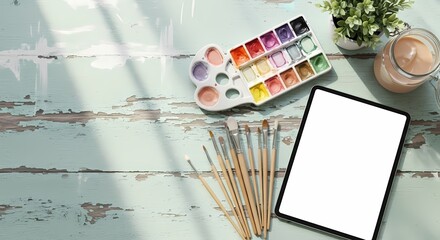 Artist workspace with watercolor paints brushes and tablet