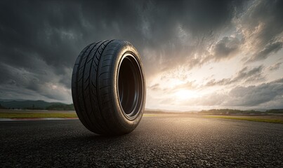 Racing tire on a racetrack at sunset