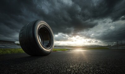 Racing tire on track at sunset