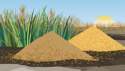 Two piles of granular material in a field