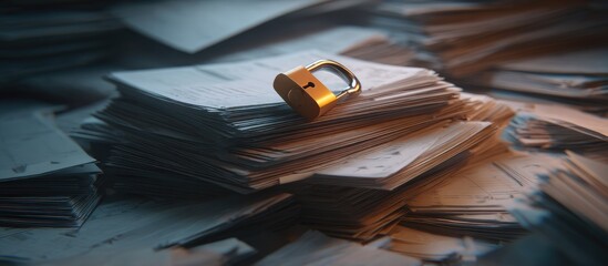 A golden padlock rests on a mountain of papers