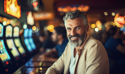 Obraz premium Happy mature man sitting at casino slot machines