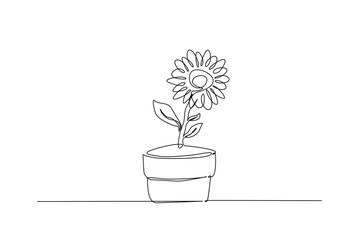 Potted houseplant flowers in continuous one line drawing. Single line art illustration of flower in pot.