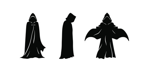 Mysterious cloaked figures in silhouette showcasing different poses and dramatic flowing robes against a clean white background vector illustration