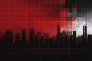 Abstract cityscape with overlaid grid and color