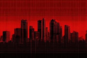 Cityscape silhouette in red grid