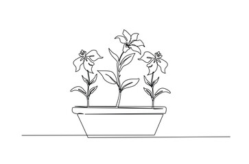 Potted houseplant flowers in continuous one line drawing. Single line art illustration of flower in pot.