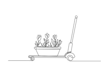 Gardening trolley in continuous one line drawing. Single line art illustration of trolley or cart for farming.