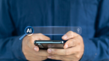 AI search bar interface on smartphone, smart voice assistant and artificial intelligence concept for mobile search technology and innovation in communication.