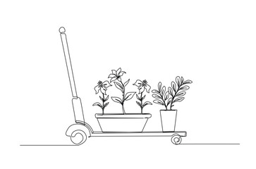 Gardening trolley in continuous one line drawing. Single line art illustration of trolley or cart for farming.