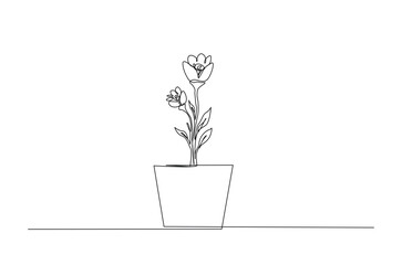 Potted houseplant flowers in continuous one line drawing. Single line art illustration of flower in pot.