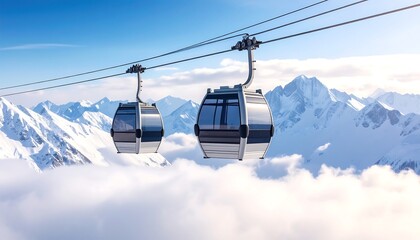 Obraz premium Gondola Lifts Ascending Above Snowy Mountains on a Sunny Day