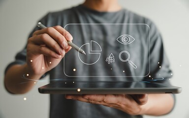 Person using stylus on tablet displaying data analytics icons chart pie chart