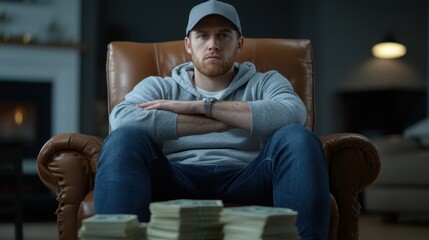 Serious young caucasian male with stack of cash in living room setting