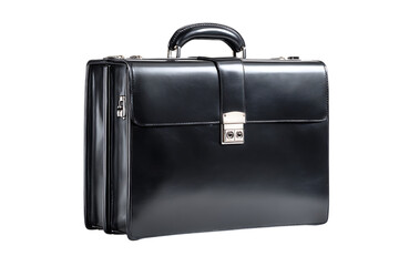 Professional black leather briefcase isolated on black background.