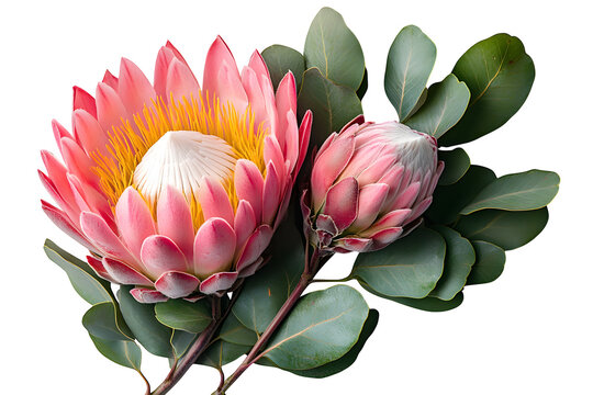 Fototapeta Pink and yellow protea flower and leaves isolated on white background