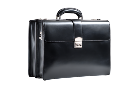 Professional black leather briefcase isolated on black background.