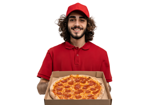 Happy delivery man holding a pizza box. Food delivery service concept.