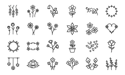 Elegant Flower Icon Collection Featuring Blossoms, Bouquets, Wreaths, Potted Plants, Petals, And Decorative Floral Elements In S (2)