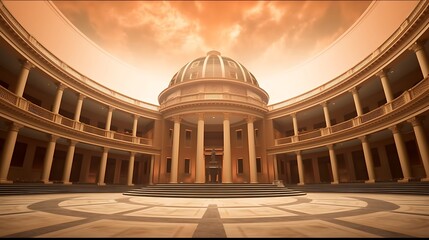 Towering civic center with dome atrium, set on burnt sienna background, unique structural layout, soft focus fall-off .