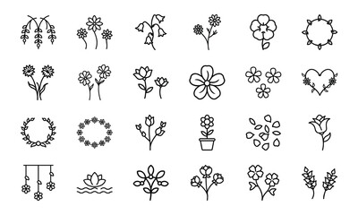 Elegant Flower Icon Collection Featuring Blossoms, Bouquets, Wreaths, Potted Plants, Petals, And Decorative Floral Elements In S (4)