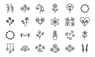 Elegant Flower Icon Collection Featuring Blossoms, Bouquets, Wreaths, Potted Plants, Petals, And Decorative Floral Elements In S (7)