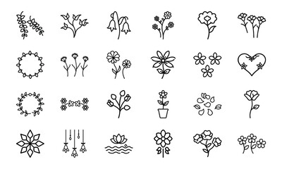 Elegant Flower Icon Collection Featuring Blossoms, Bouquets, Wreaths, Potted Plants, Petals, And Decorative Floral Elements In S (17)