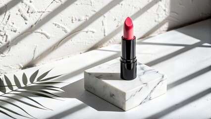 Pink lipstick stands prominently on a white marble podium, bathed in natural light, casting dramatic shadows from blinds and a tropical leaf.