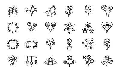 Elegant Flower Icon Collection Featuring Blossoms, Bouquets, Wreaths, Potted Plants, Petals, And Decorative Floral Elements In S (19)