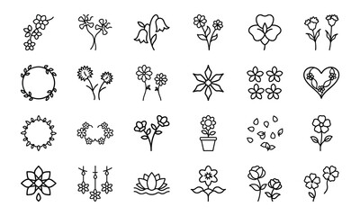 Elegant Flower Icon Collection Featuring Blossoms, Bouquets, Wreaths, Potted Plants, Petals, And Decorative Floral Elements In S (20)