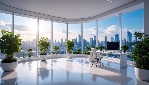 Futuristic Office Interior with City Skyline View and Indoor Plants
