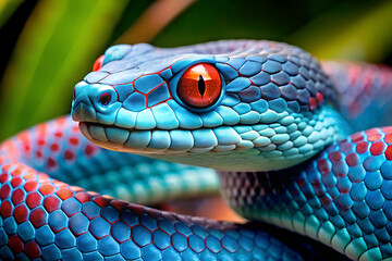 Fototapeta premium Close Up of Vivid Blue Viper Snake