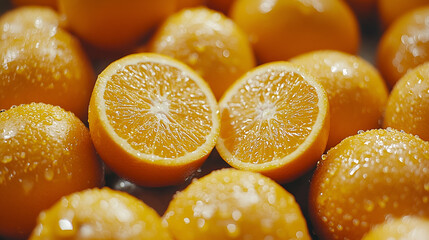 Close-up of fresh, whole and halved oranges with water droplets, showcasing the vibrant color and juicy texture of the citrus fruit.