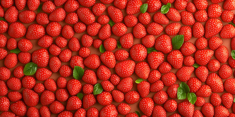 Close-up view of many fresh strawberries arranged densely, with small green leaves scattered amongst them.