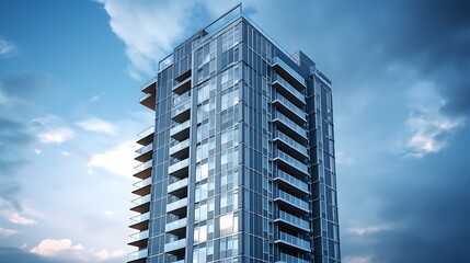 Urban condo tower with staggered floor design, shown on stormy gray-blue background, modern texture play, photo clarity .