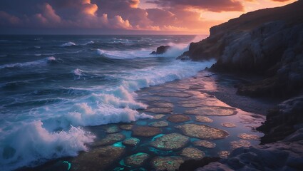 Ocean Waves Crashing on Rocky Shoreline with Tide Pools at Sunset