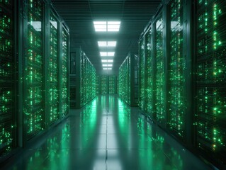 A long, reflective corridor of glowing green server racks in a darkened data center, lit by ceiling lights