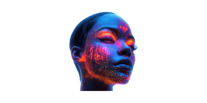 Digital Art Of Futuristic Woman With Neon Facial Patterns. Concept Of Technology And Artificial Intelligence Isolated On Transparent Background