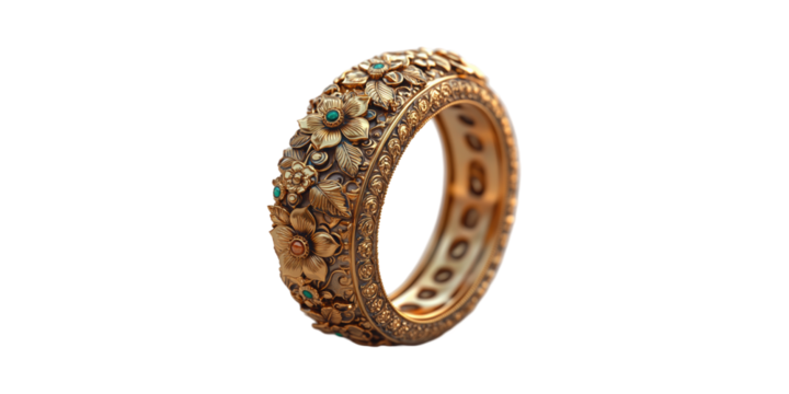 Ornate Gold Bangle With Floral Design And Gemstone Accents Isolated On Transparent Background