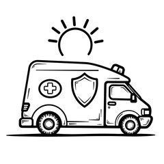 Ambulance with shield icon and sun – Emergency response symbol, health urgency