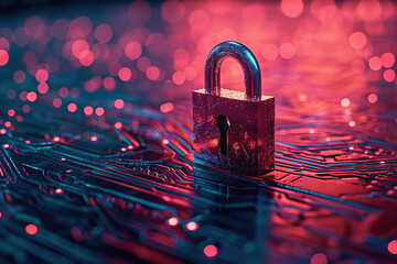 Digital padlock on futuristic cyber security interface