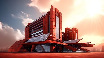 V-shaped corporate building concept with solar arrays, displayed on solid rust red background, rich texture contrast, HD realism .